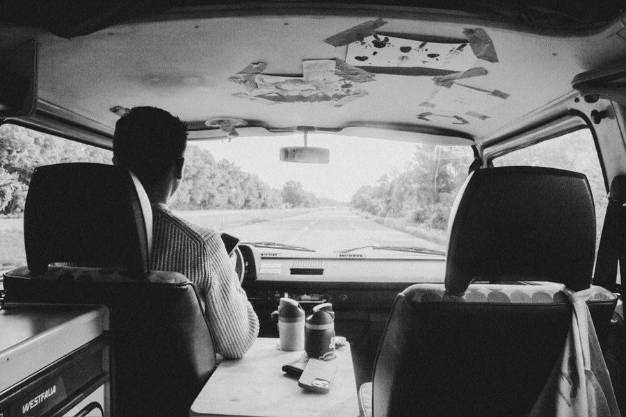 Black and white van interior on the road